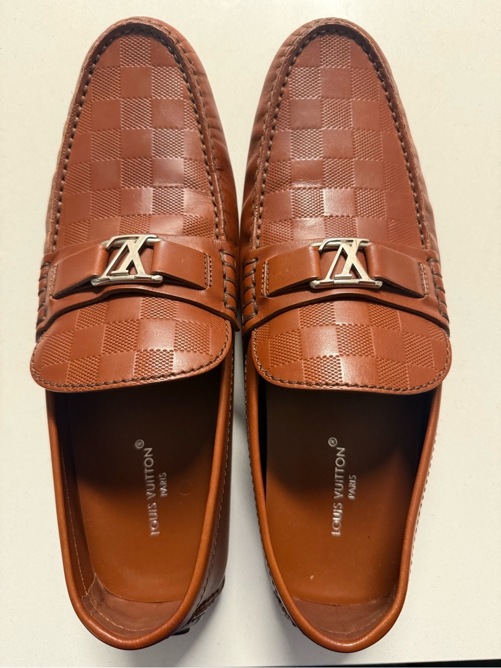Louis Vuitton Men’s Tan Brown Leather Checkerboard Loafers - Picture 3 of 4